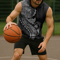Hawaiian Kakau Tribal Sea Animals Tattoos Sleeveless Hoodie Black Color
