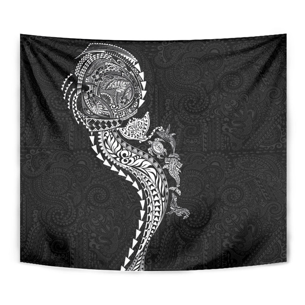 Hawaiian Kakau Tribal Sea Animals Tattoos Tapestry Black Color