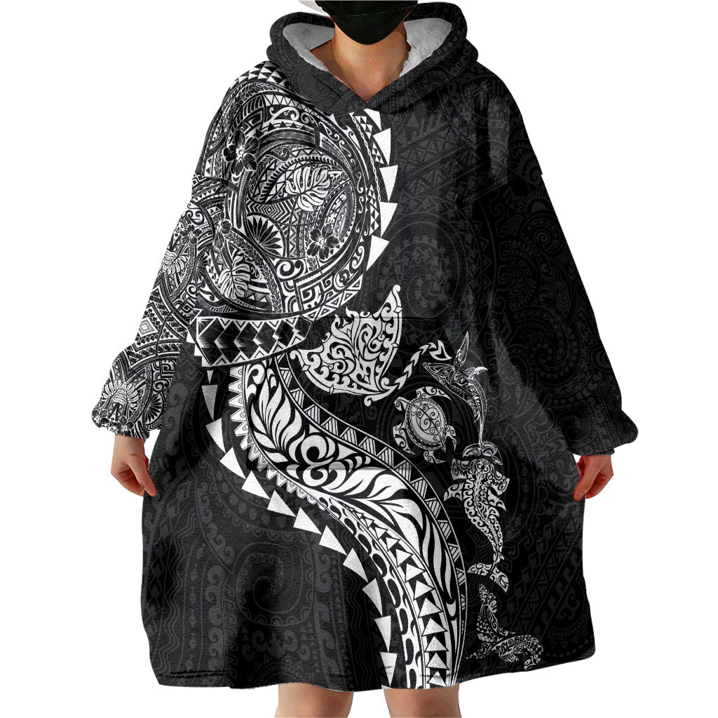 Hawaiian Kakau Tribal Sea Animals Tattoos Wearable Blanket Hoodie Black Color