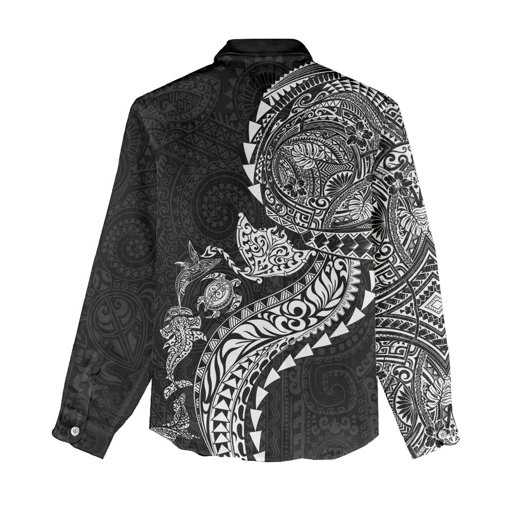 Hawaiian Kakau Tribal Sea Animals Tattoos Women Casual Shirt Black Color