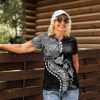 Hawaiian Kakau Tribal Sea Animals Tattoos Women Polo Shirt Black Color