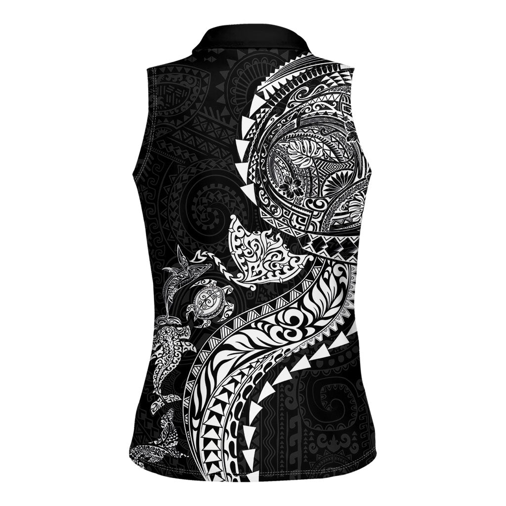 Hawaiian Kakau Tribal Sea Animals Tattoos Women Sleeveless Polo Shirt Black Color