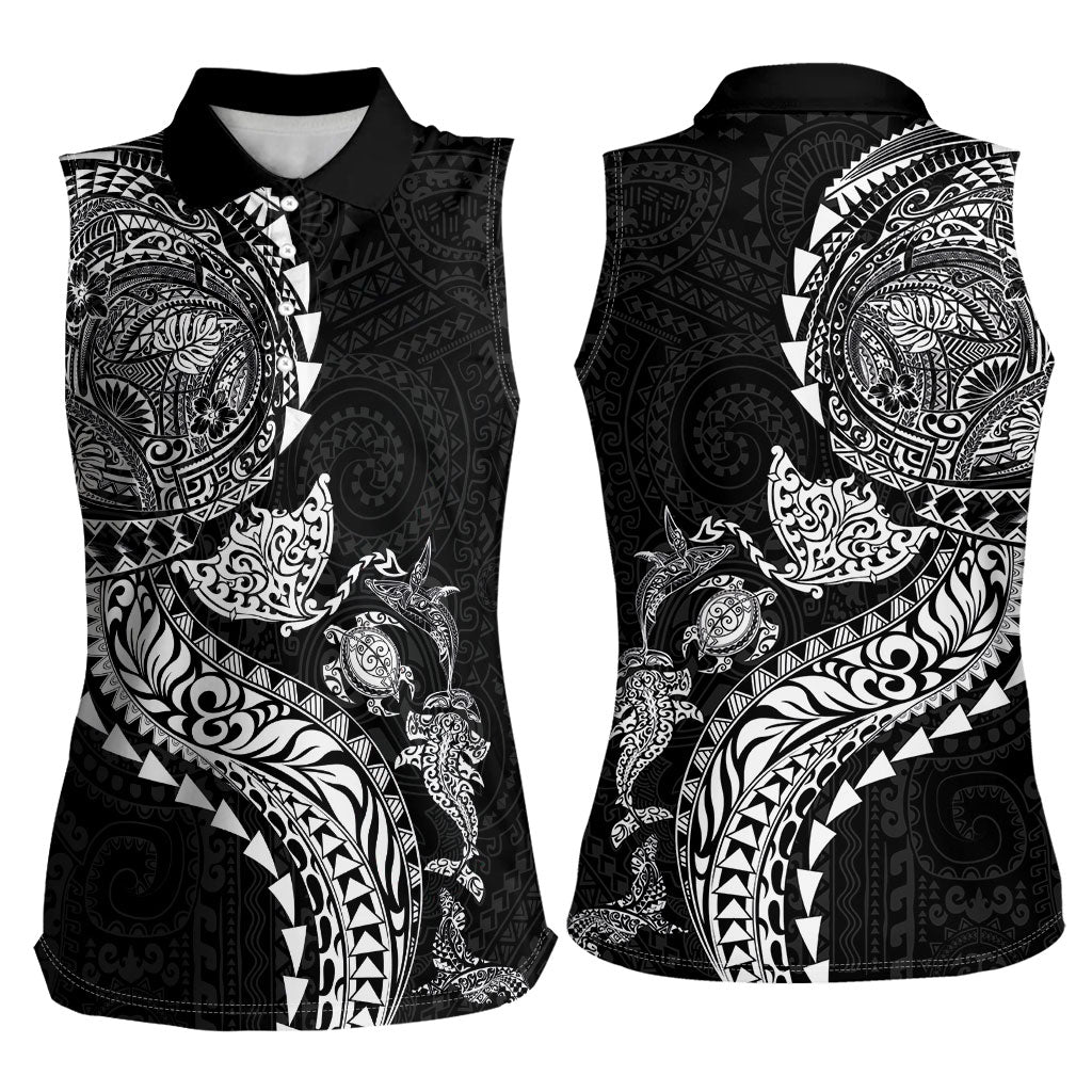 Hawaiian Kakau Tribal Sea Animals Tattoos Women Sleeveless Polo Shirt Black Color