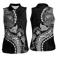 Hawaiian Kakau Tribal Sea Animals Tattoos Women Sleeveless Polo Shirt Black Color