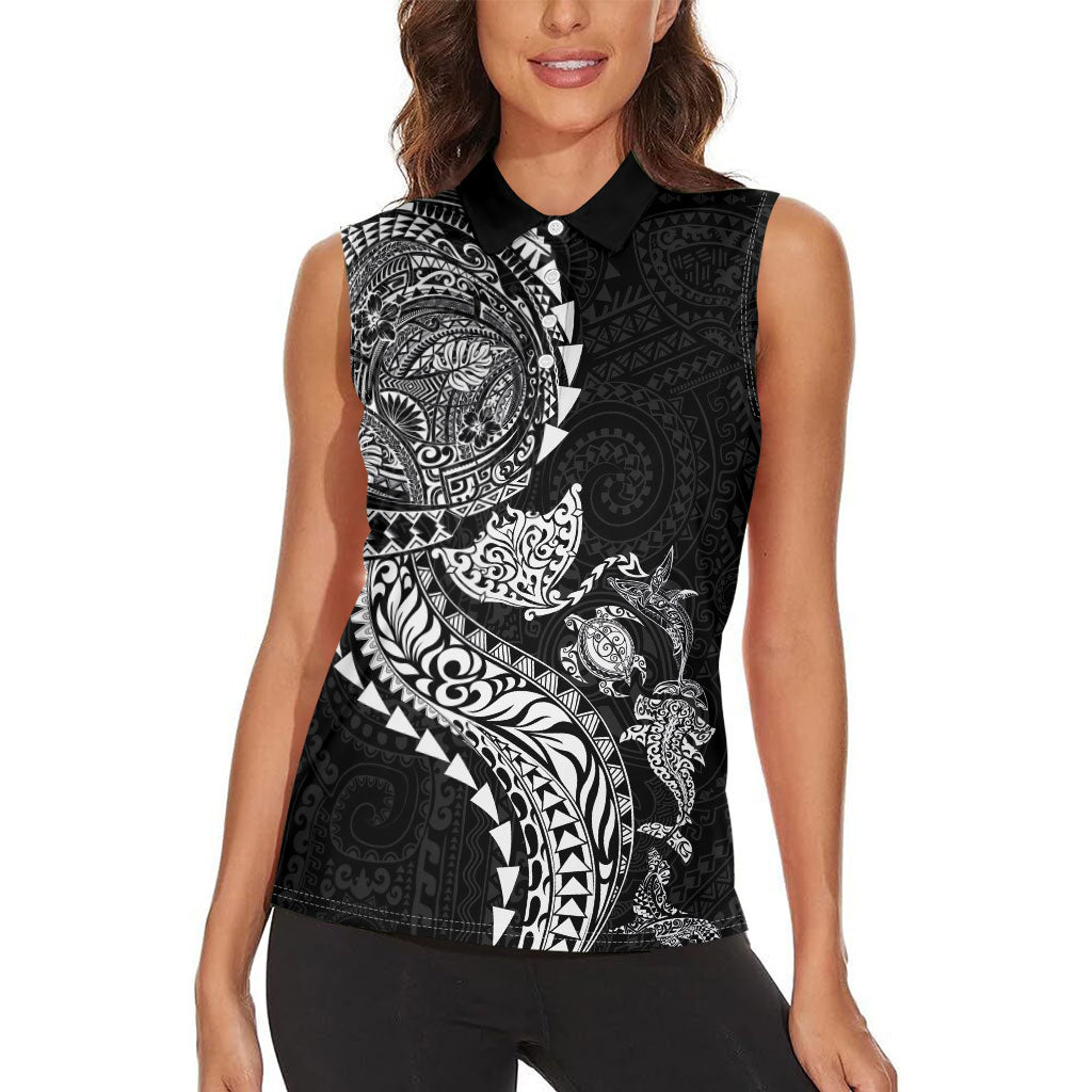 Hawaiian Kakau Tribal Sea Animals Tattoos Women Sleeveless Polo Shirt Black Color
