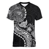 Hawaiian Kakau Tribal Sea Animals Tattoos Women V-Neck T-Shirt Black Color