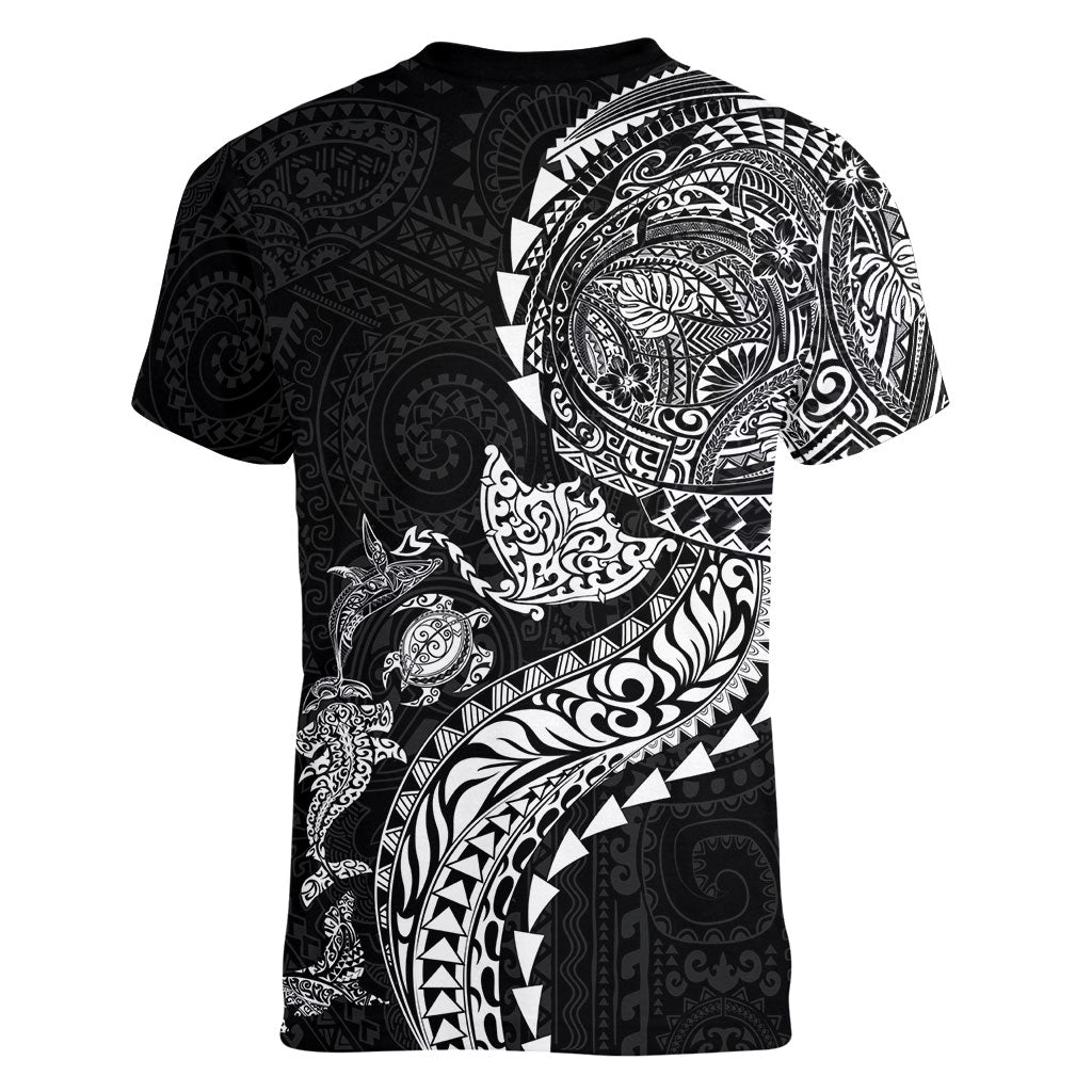 Hawaiian Kakau Tribal Sea Animals Tattoos Women V-Neck T-Shirt Black Color