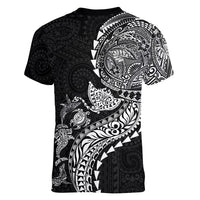 Hawaiian Kakau Tribal Sea Animals Tattoos Women V-Neck T-Shirt Black Color
