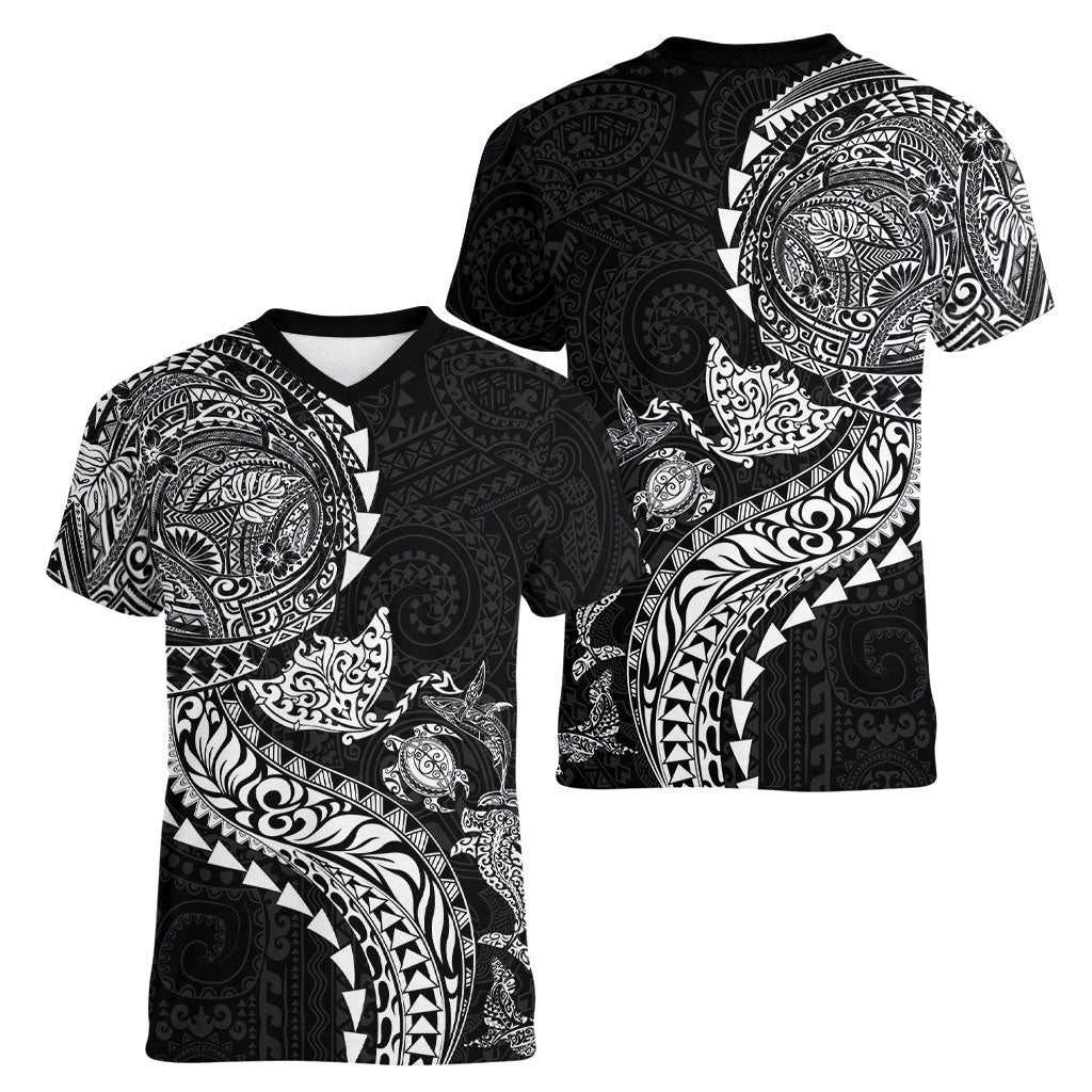 Hawaiian Kakau Tribal Sea Animals Tattoos Women V-Neck T-Shirt Black Color