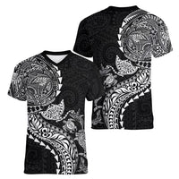 Hawaiian Kakau Tribal Sea Animals Tattoos Women V-Neck T-Shirt Black Color
