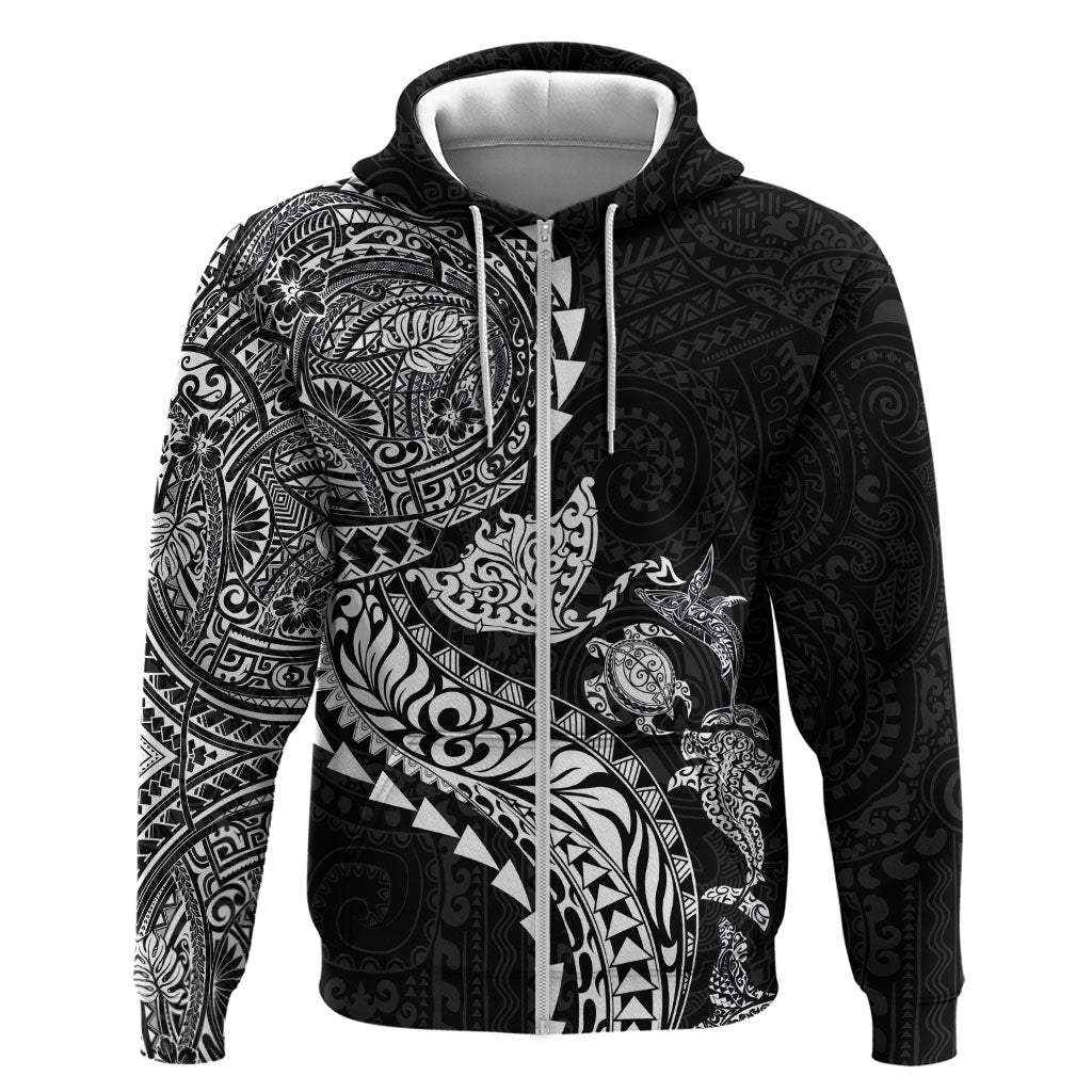 Hawaiian Kakau Tribal Sea Animals Tattoos Zip Hoodie Black Color