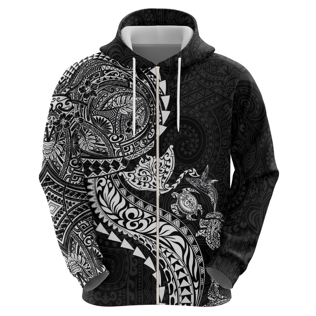 Hawaiian Kakau Tribal Sea Animals Tattoos Zip Hoodie Black Color