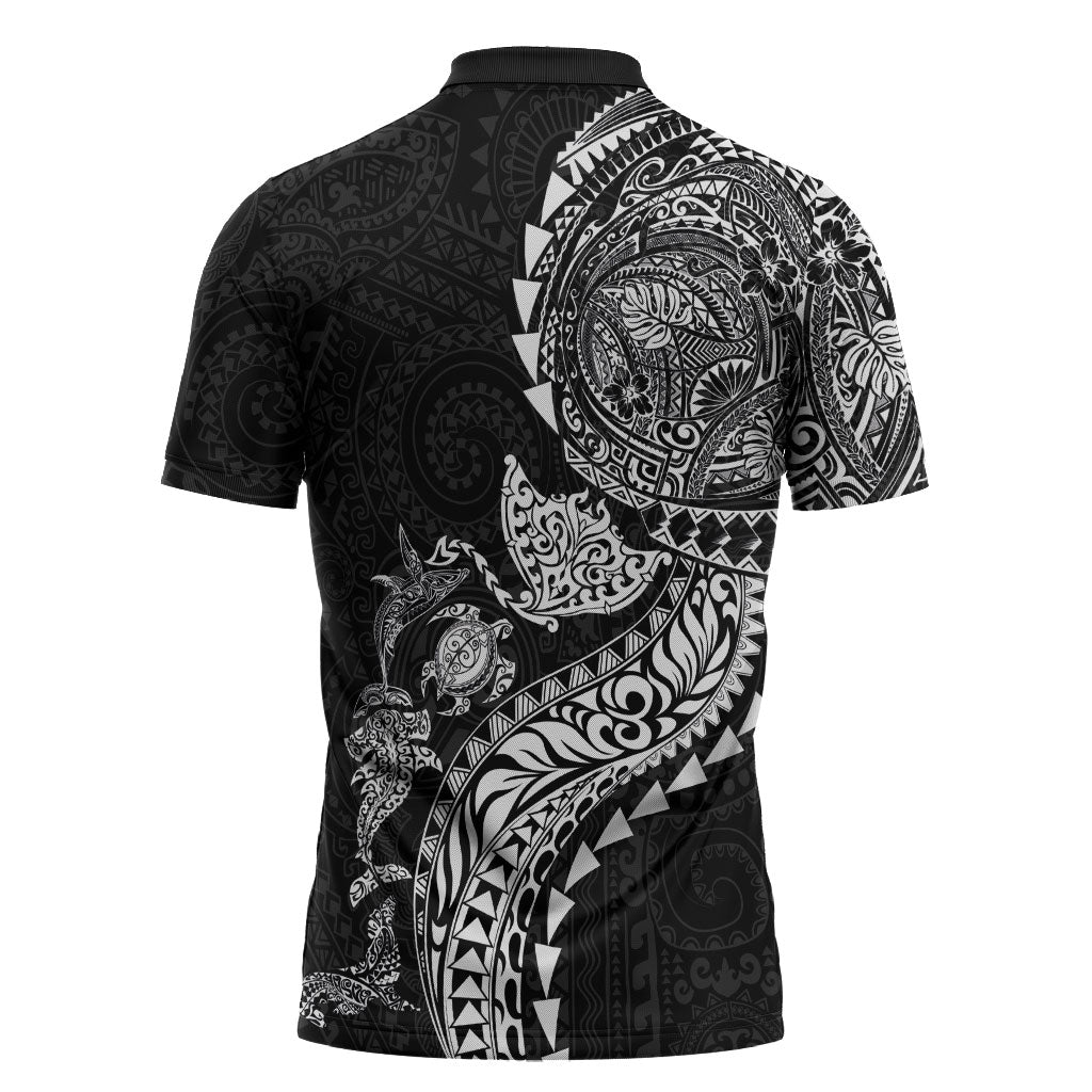 Hawaiian Kakau Tribal Sea Animals Tattoos Zipper Polo Shirt Black Color