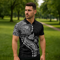Hawaiian Kakau Tribal Sea Animals Tattoos Zipper Polo Shirt Black Color