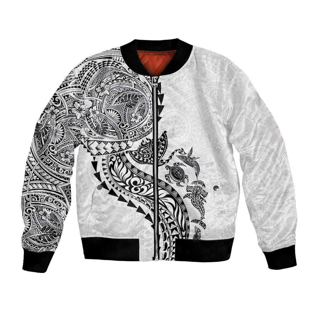 Hawaiian Kakau Tribal Sea Animals Tattoos Bomber Jacket White Color LT03 Unisex White - Polynesian Pride