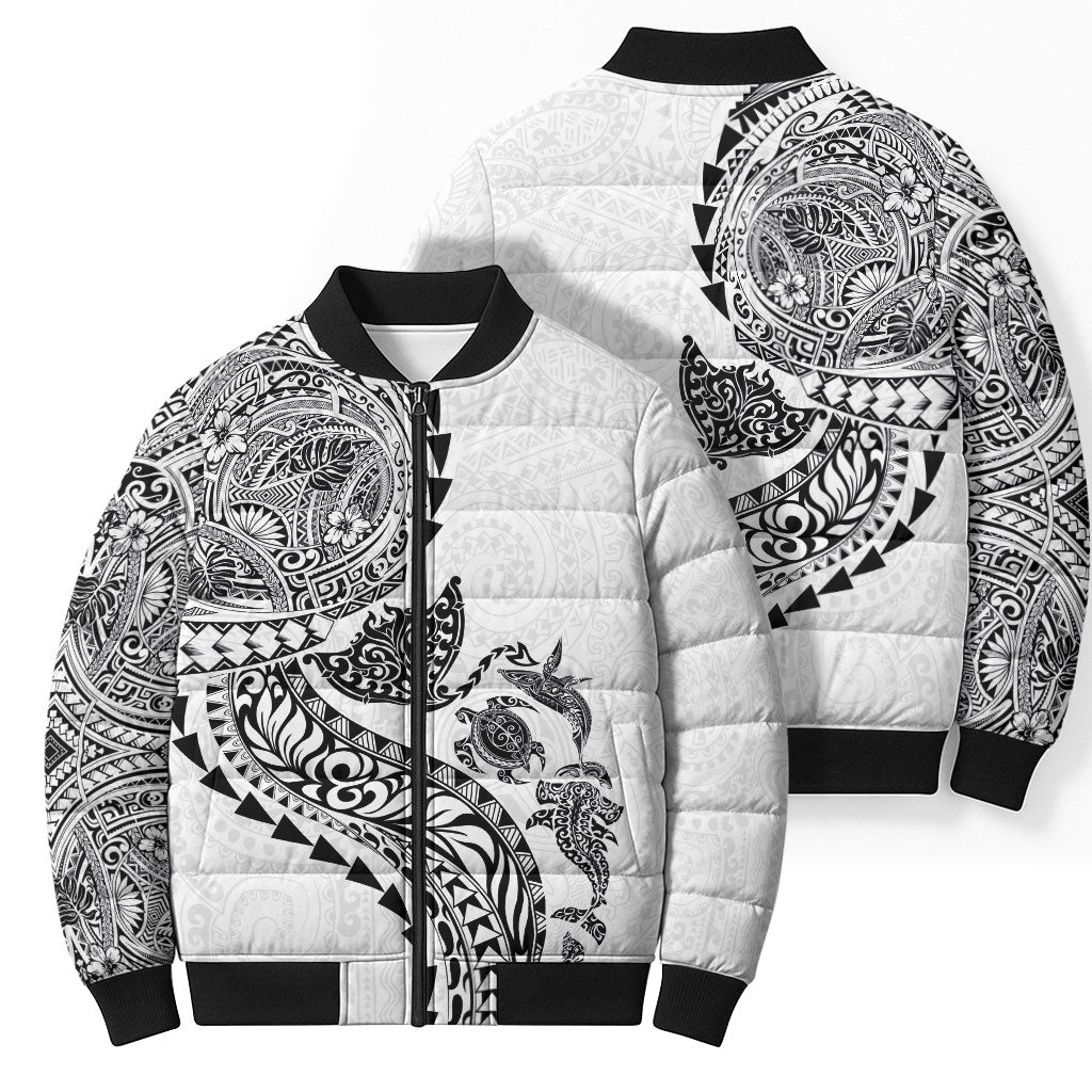 Hawaiian Kakau Tribal Sea Animals Tattoos Bomber Puffer Jacket White Color