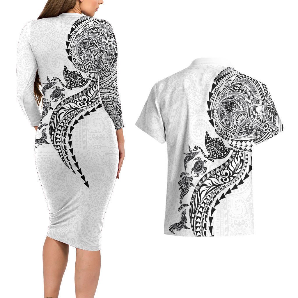 Hawaiian Kakau Tribal Sea Animals Tattoos Couples Matching Long Sleeve Bodycon Dress and Hawaiian Shirt White Color