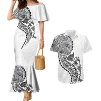Hawaiian Kakau Tribal Sea Animals Tattoos Couples Matching Mermaid Dress and Hawaiian Shirt White Color