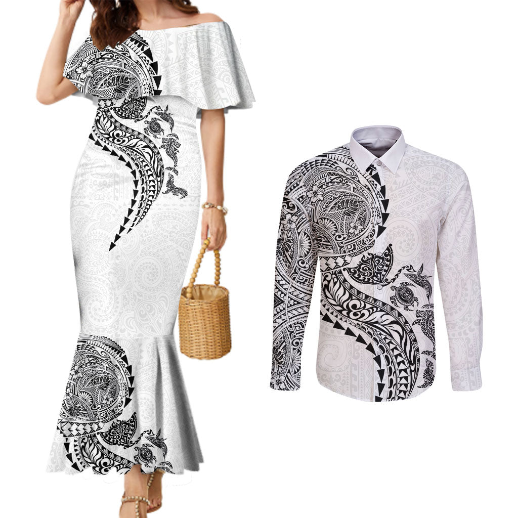 Hawaiian Kakau Tribal Sea Animals Tattoos Couples Matching Mermaid Dress and Long Sleeve Button Shirt White Color