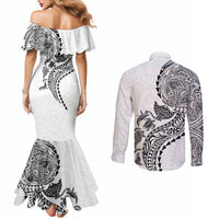 Hawaiian Kakau Tribal Sea Animals Tattoos Couples Matching Mermaid Dress and Long Sleeve Button Shirt White Color