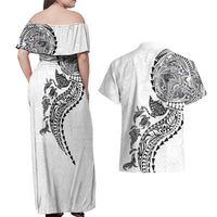Hawaiian Kakau Tribal Sea Animals Tattoos Couples Matching Off Shoulder Maxi Dress and Hawaiian Shirt White Color