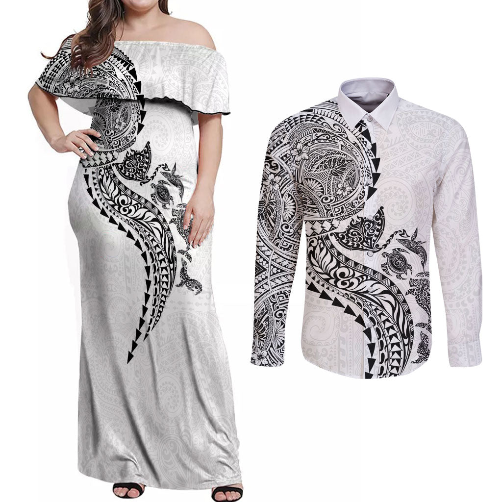 Hawaiian Kakau Tribal Sea Animals Tattoos Couples Matching Off Shoulder Maxi Dress and Long Sleeve Button Shirt White Color