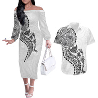 Hawaiian Kakau Tribal Sea Animals Tattoos Couples Matching Off The Shoulder Long Sleeve Dress and Hawaiian Shirt White Color