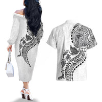 Hawaiian Kakau Tribal Sea Animals Tattoos Couples Matching Off The Shoulder Long Sleeve Dress and Hawaiian Shirt White Color