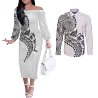 Hawaiian Kakau Tribal Sea Animals Tattoos Couples Matching Off The Shoulder Long Sleeve Dress and Long Sleeve Button Shirt White Color