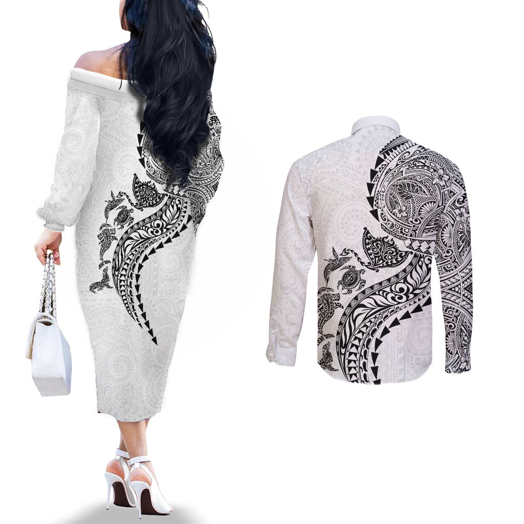 Hawaiian Kakau Tribal Sea Animals Tattoos Couples Matching Off The Shoulder Long Sleeve Dress and Long Sleeve Button Shirt White Color
