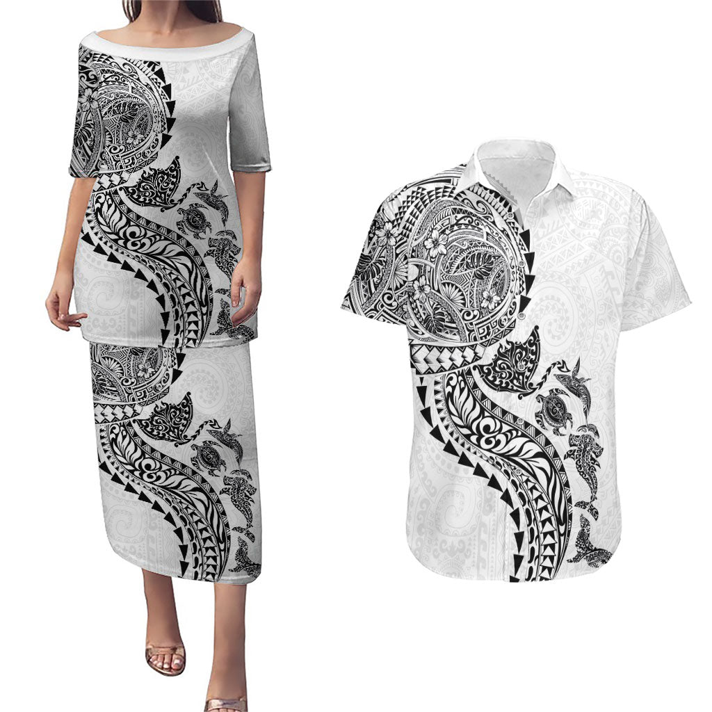 Hawaiian Kakau Tribal Sea Animals Tattoos Couples Matching Puletasi and Hawaiian Shirt White Color LT03 White - Polynesian Pride