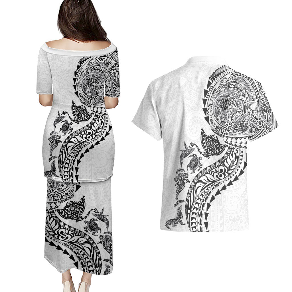 Hawaiian Kakau Tribal Sea Animals Tattoos Couples Matching Puletasi and Hawaiian Shirt White Color LT03 - Polynesian Pride