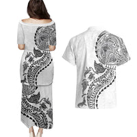 Hawaiian Kakau Tribal Sea Animals Tattoos Couples Matching Puletasi and Hawaiian Shirt White Color LT03 - Polynesian Pride