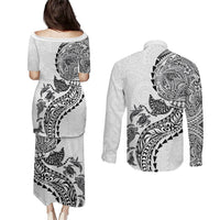 Hawaiian Kakau Tribal Sea Animals Tattoos Couples Matching Puletasi and Long Sleeve Button Shirt White Color