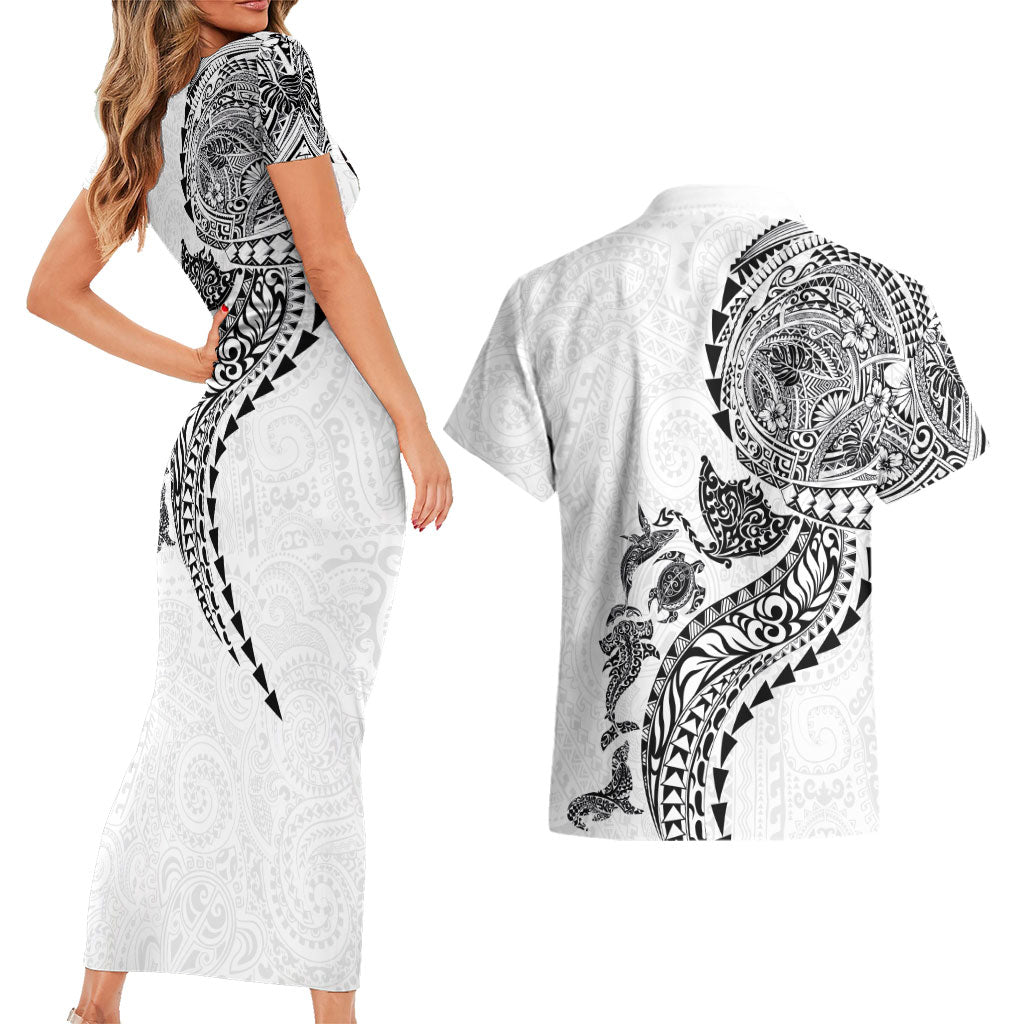 Hawaiian Kakau Tribal Sea Animals Tattoos Couples Matching Short Sleeve Bodycon Dress and Hawaiian Shirt White Color