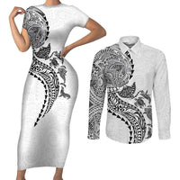 Hawaiian Kakau Tribal Sea Animals Tattoos Couples Matching Short Sleeve Bodycon Dress and Long Sleeve Button Shirt White Color LT03 White - Polynesian Pride