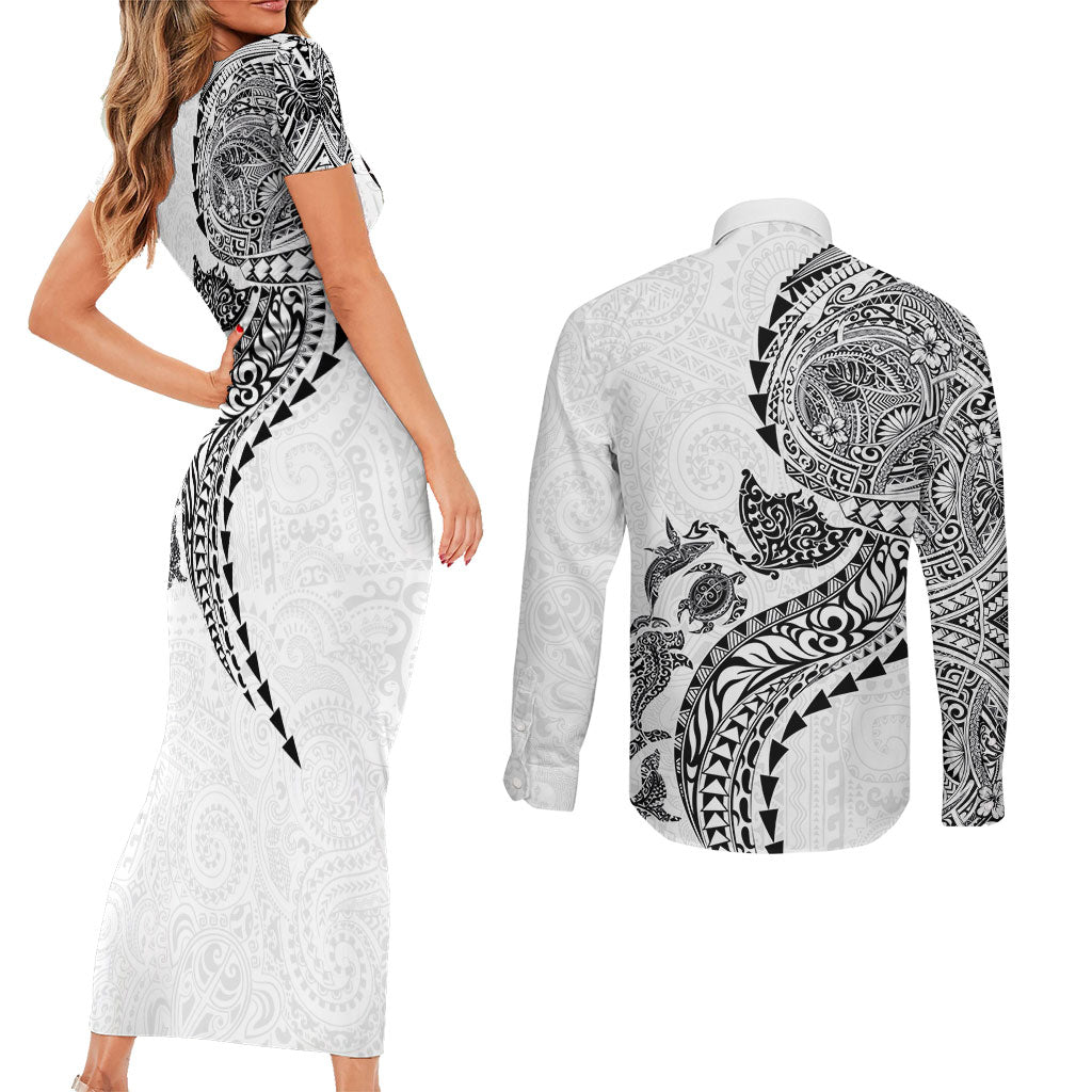 Hawaiian Kakau Tribal Sea Animals Tattoos Couples Matching Short Sleeve Bodycon Dress and Long Sleeve Button Shirt White Color LT03 - Polynesian Pride