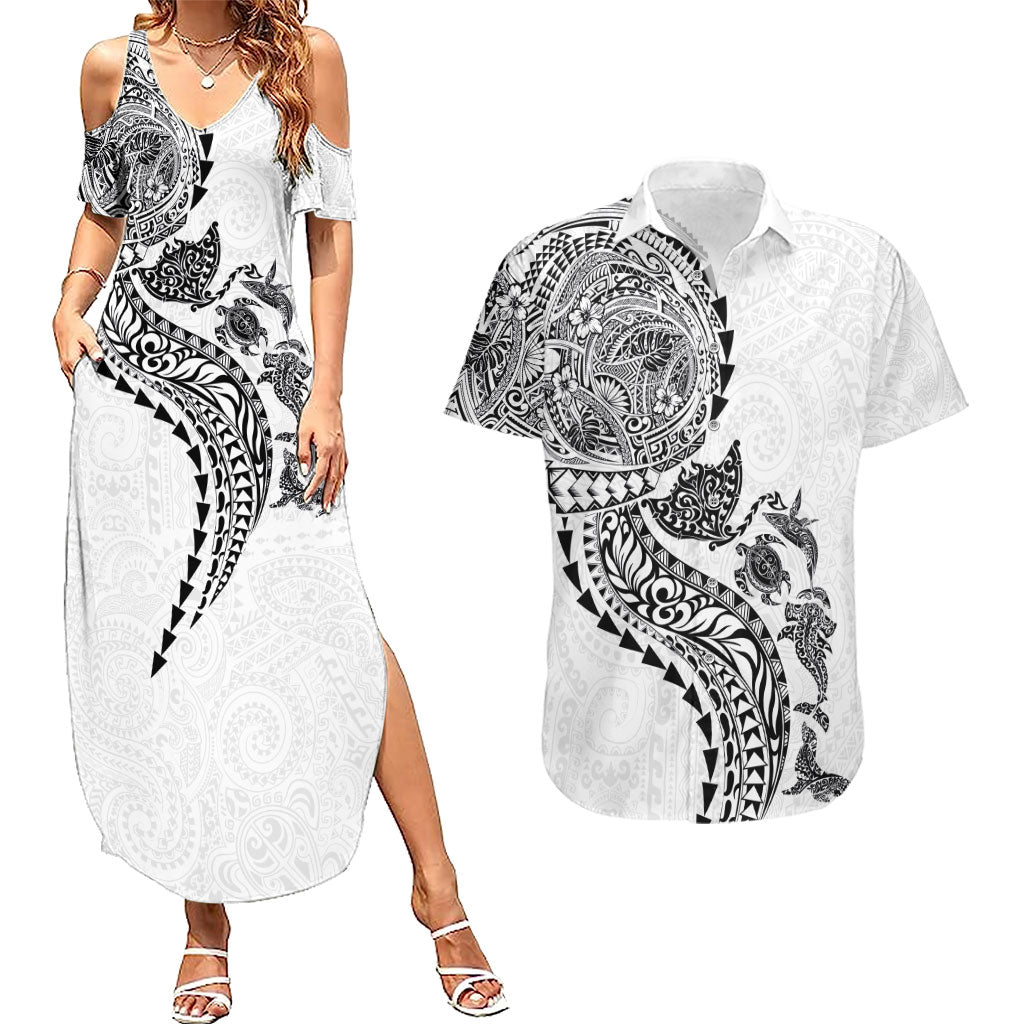 Hawaiian Kakau Tribal Sea Animals Tattoos Couples Matching Summer Maxi Dress and Hawaiian Shirt White Color