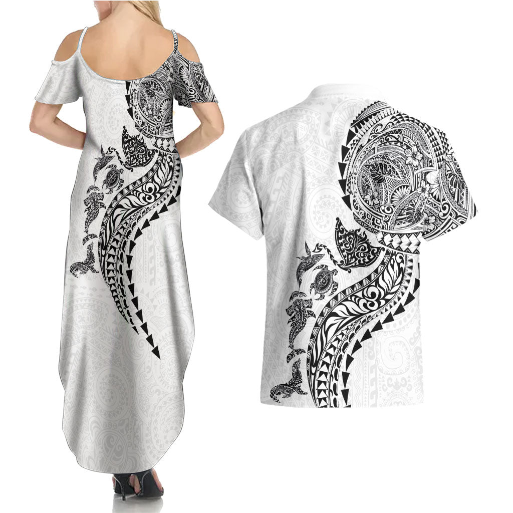 Hawaiian Kakau Tribal Sea Animals Tattoos Couples Matching Summer Maxi Dress and Hawaiian Shirt White Color