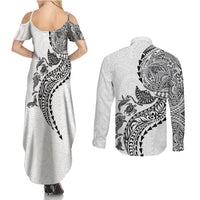 Hawaiian Kakau Tribal Sea Animals Tattoos Couples Matching Summer Maxi Dress and Long Sleeve Button Shirt White Color