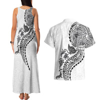 Hawaiian Kakau Tribal Sea Animals Tattoos Couples Matching Tank Maxi Dress and Hawaiian Shirt White Color