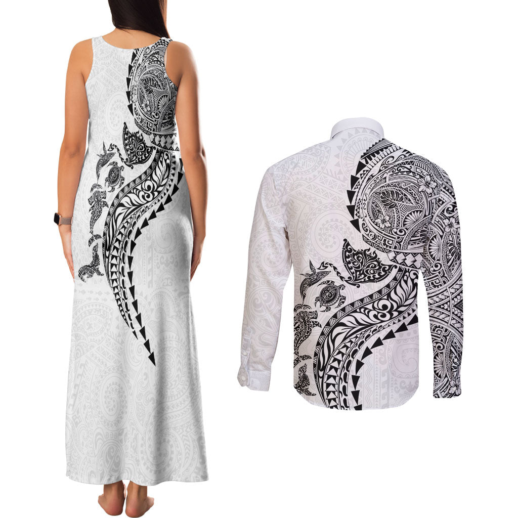 Hawaiian Kakau Tribal Sea Animals Tattoos Couples Matching Tank Maxi Dress and Long Sleeve Button Shirt White Color
