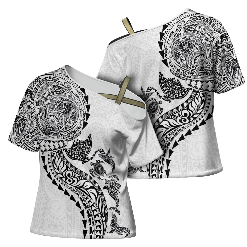 Hawaiian Kakau Tribal Sea Animals Tattoos Cross Shoulder Shirt White Color