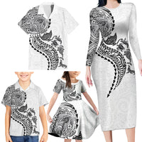 Hawaiian Kakau Tribal Sea Animals Tattoos Family Matching Long Sleeve Bodycon Dress and Hawaiian Shirt White Color
