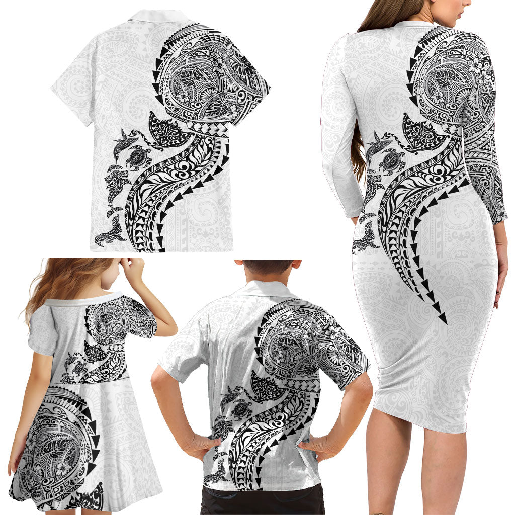 Hawaiian Kakau Tribal Sea Animals Tattoos Family Matching Long Sleeve Bodycon Dress and Hawaiian Shirt White Color
