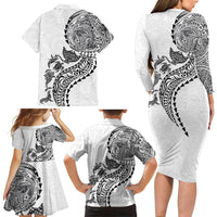 Hawaiian Kakau Tribal Sea Animals Tattoos Family Matching Long Sleeve Bodycon Dress and Hawaiian Shirt White Color