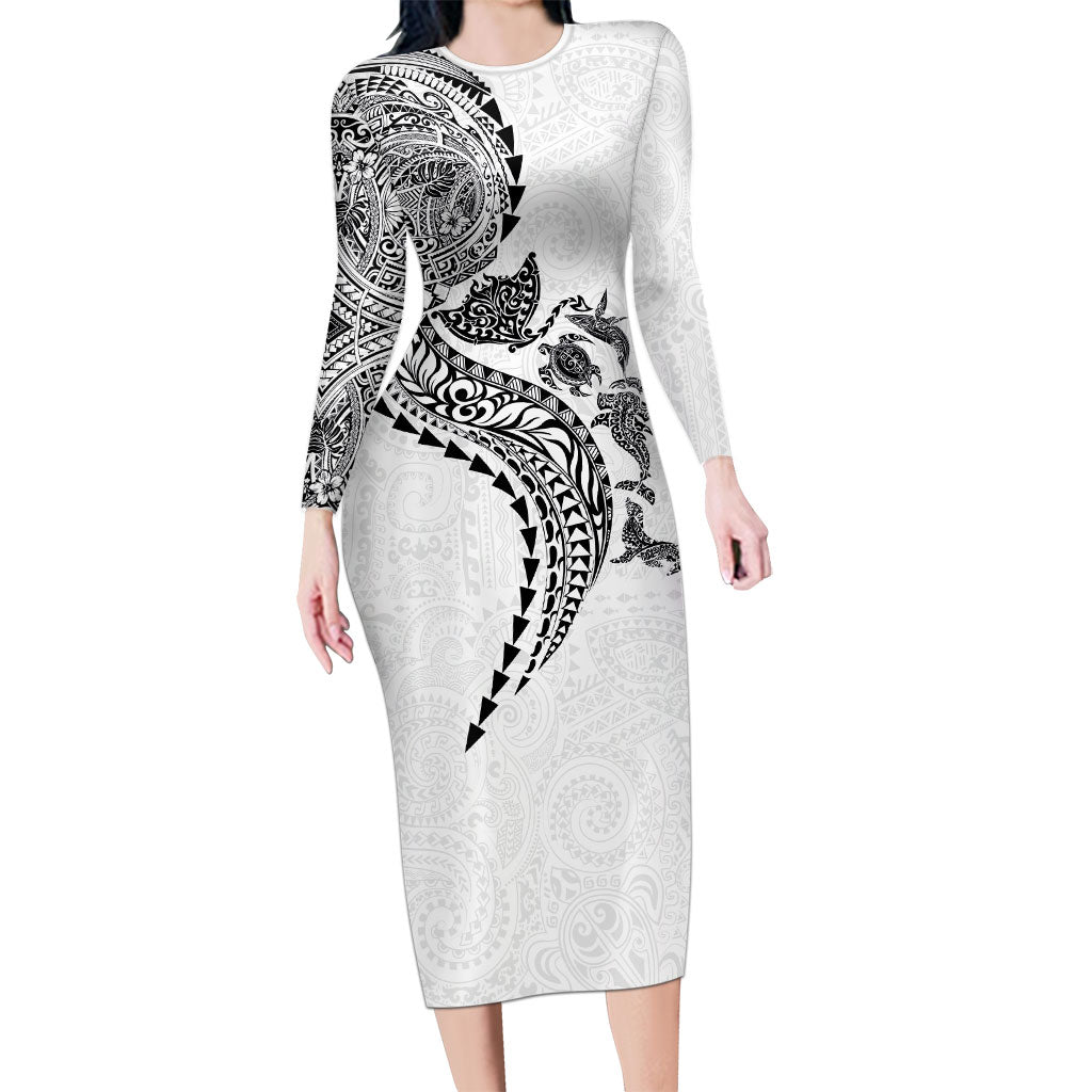 Hawaiian Kakau Tribal Sea Animals Tattoos Family Matching Long Sleeve Bodycon Dress and Hawaiian Shirt White Color