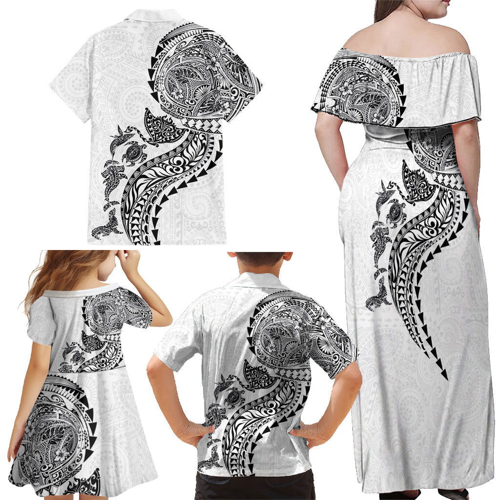 Hawaiian Kakau Tribal Sea Animals Tattoos Family Matching Off Shoulder Maxi Dress and Hawaiian Shirt White Color