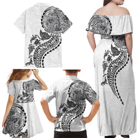 Hawaiian Kakau Tribal Sea Animals Tattoos Family Matching Off Shoulder Maxi Dress and Hawaiian Shirt White Color