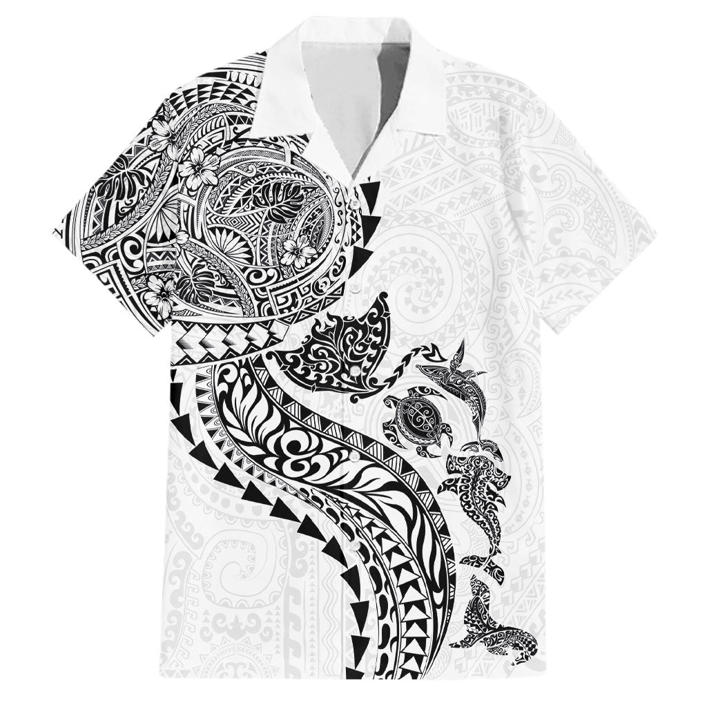 Hawaiian Kakau Tribal Sea Animals Tattoos Family Matching Off Shoulder Short Dress and Hawaiian Shirt White Color